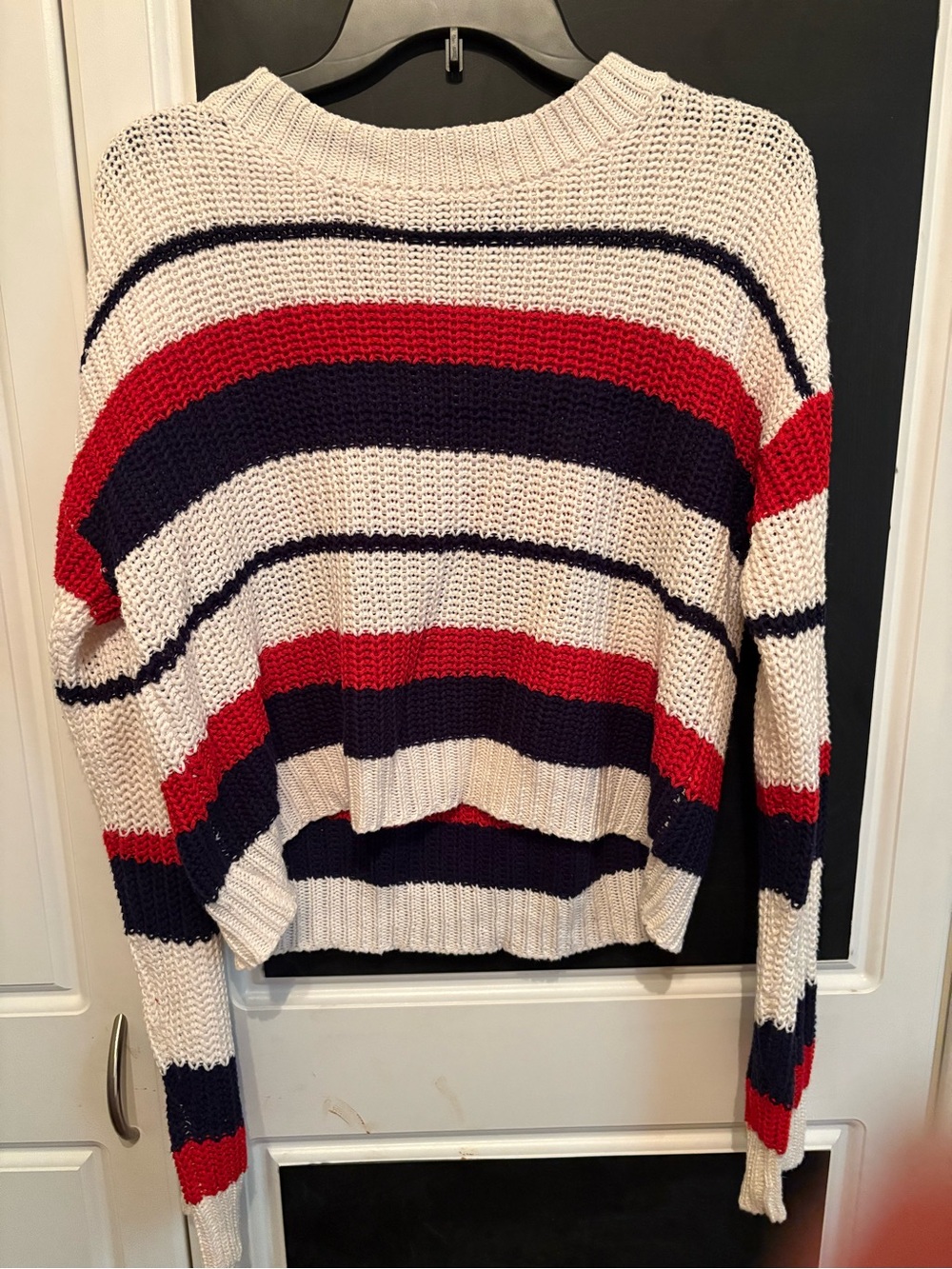 Crewneck Stripe Knit Sweater in White, Navy & Red
